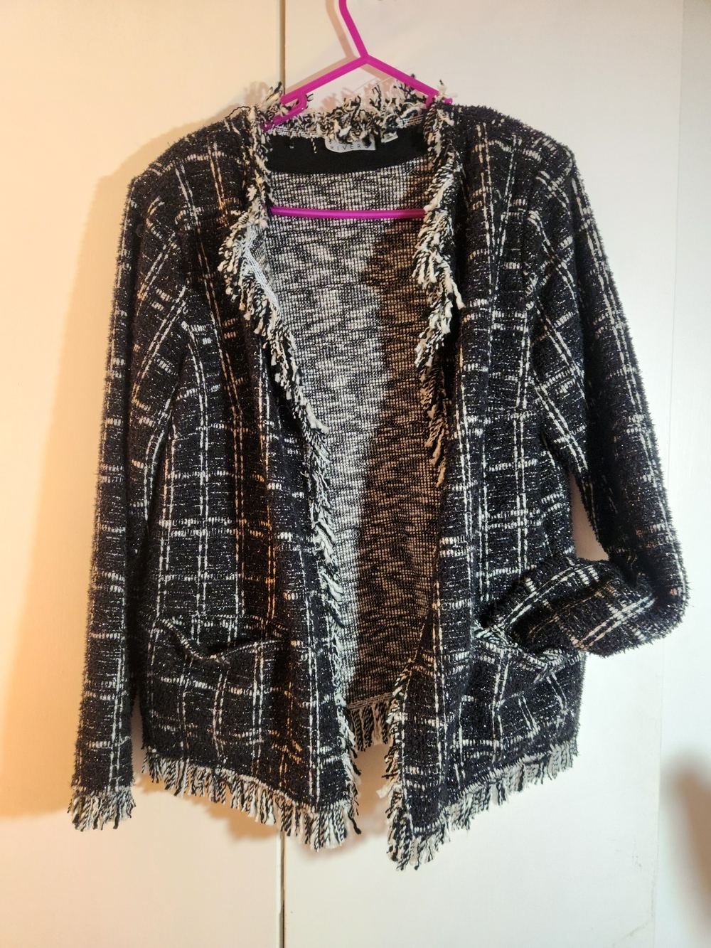 Joan Rivers Black & White Tweed Fringe Open Cardigan